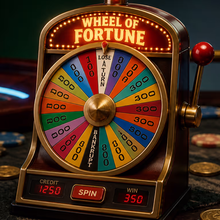 A detailed miniature Wheel of Fortune game machine sitting on a table at GameBwat Casino.