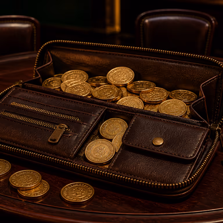 A premium brown leather wallet wide open and filled with shiny gold coins at GameBwat Casino.