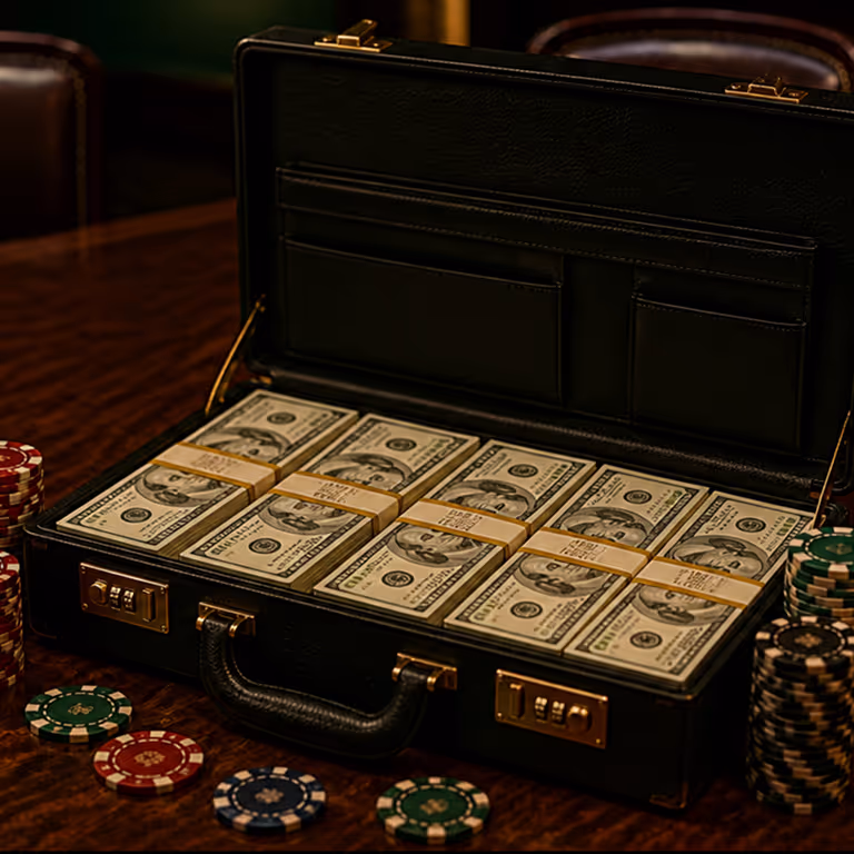 An open black briefcase overflowing with neat stacks of cash and casino chips at GameBwat Casino.