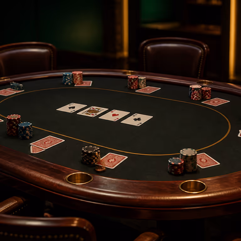 An empty professional Texas Hold'em poker table with dealt cards and stacks of chips at GameBwat Casino.