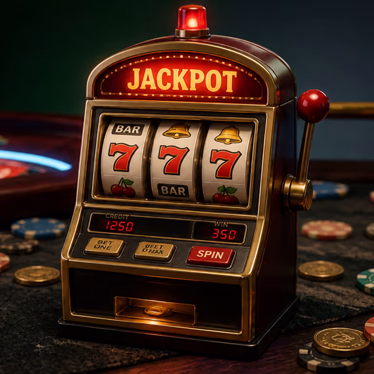 A vintage-style jackpot slot machine displaying a winning triple-seven combination at GameBwat Casino.