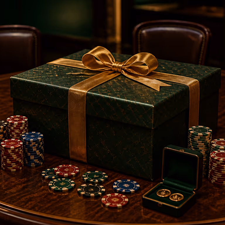 A large green holiday gift box tied with a gold ribbon next to casino chips at GameBwat Casino.